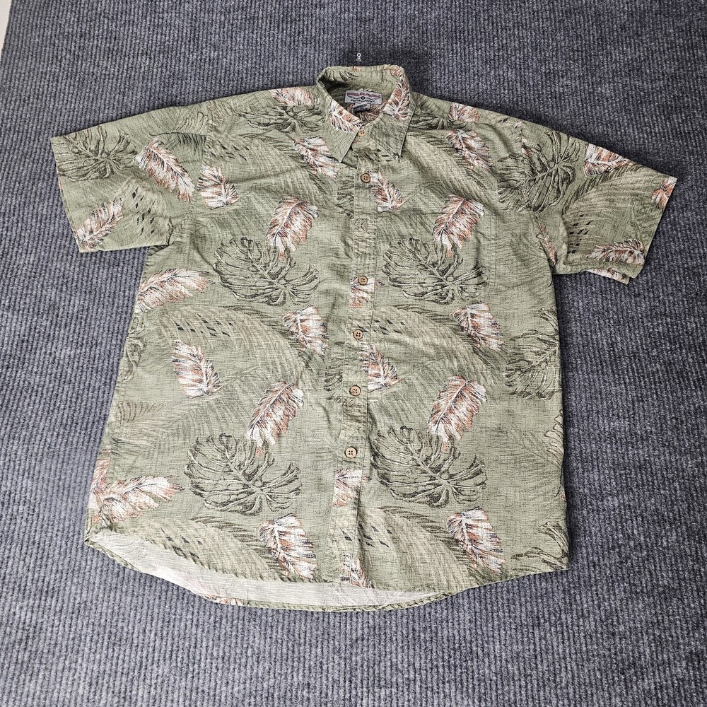 Boca Classics Shirt Mens Medium Green Hawaiian Tropical Leaf‎ Print Button Front
